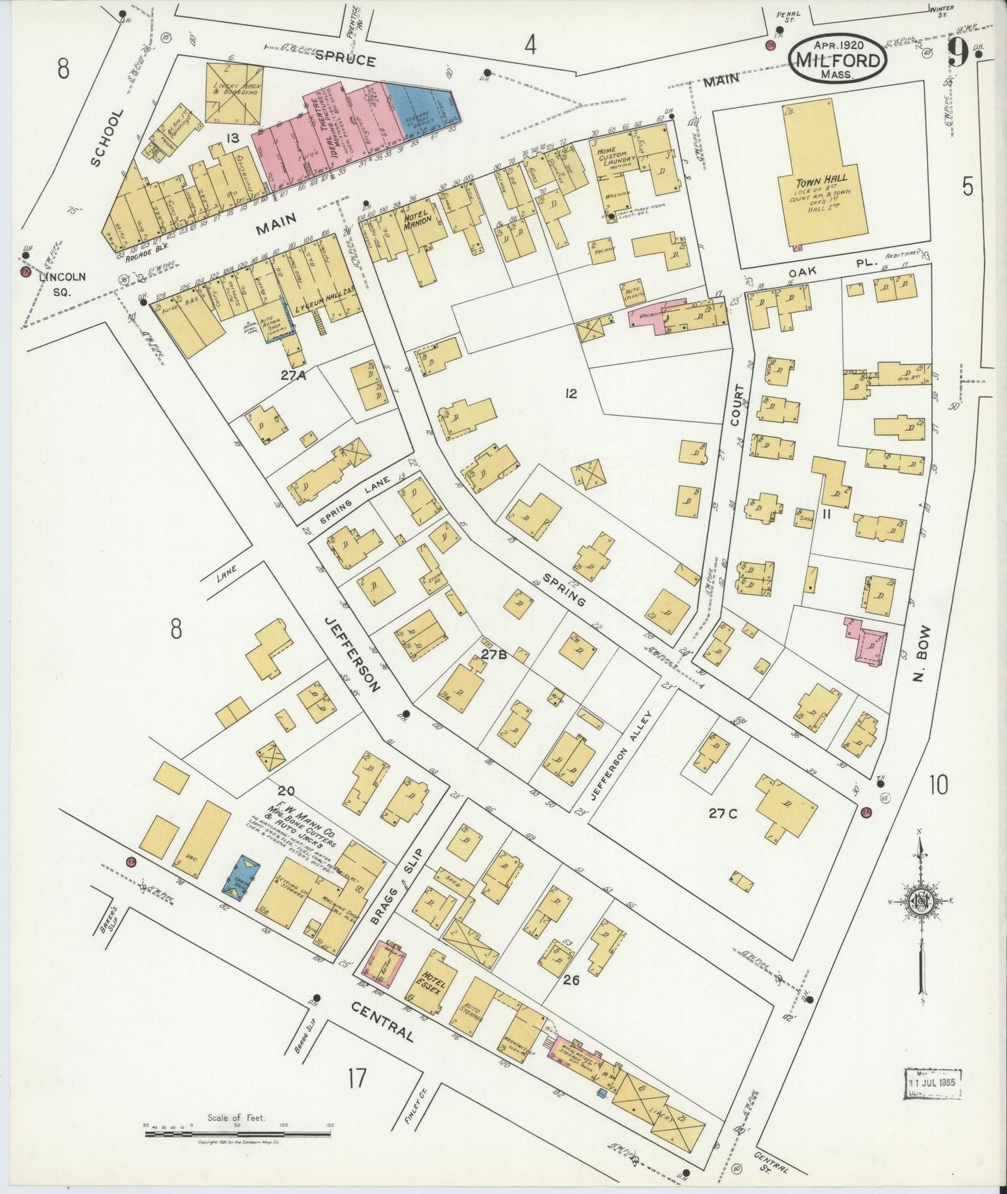 Sanborn Fire Insurance Map from Milford, Worcester County, Massachusetts (1920), Sheet #0009 - Historic Sanborn Fire Insurance Map Print, vintage old map wall art, antique decor, genealogy gift, Massachusetts Massachusetts map