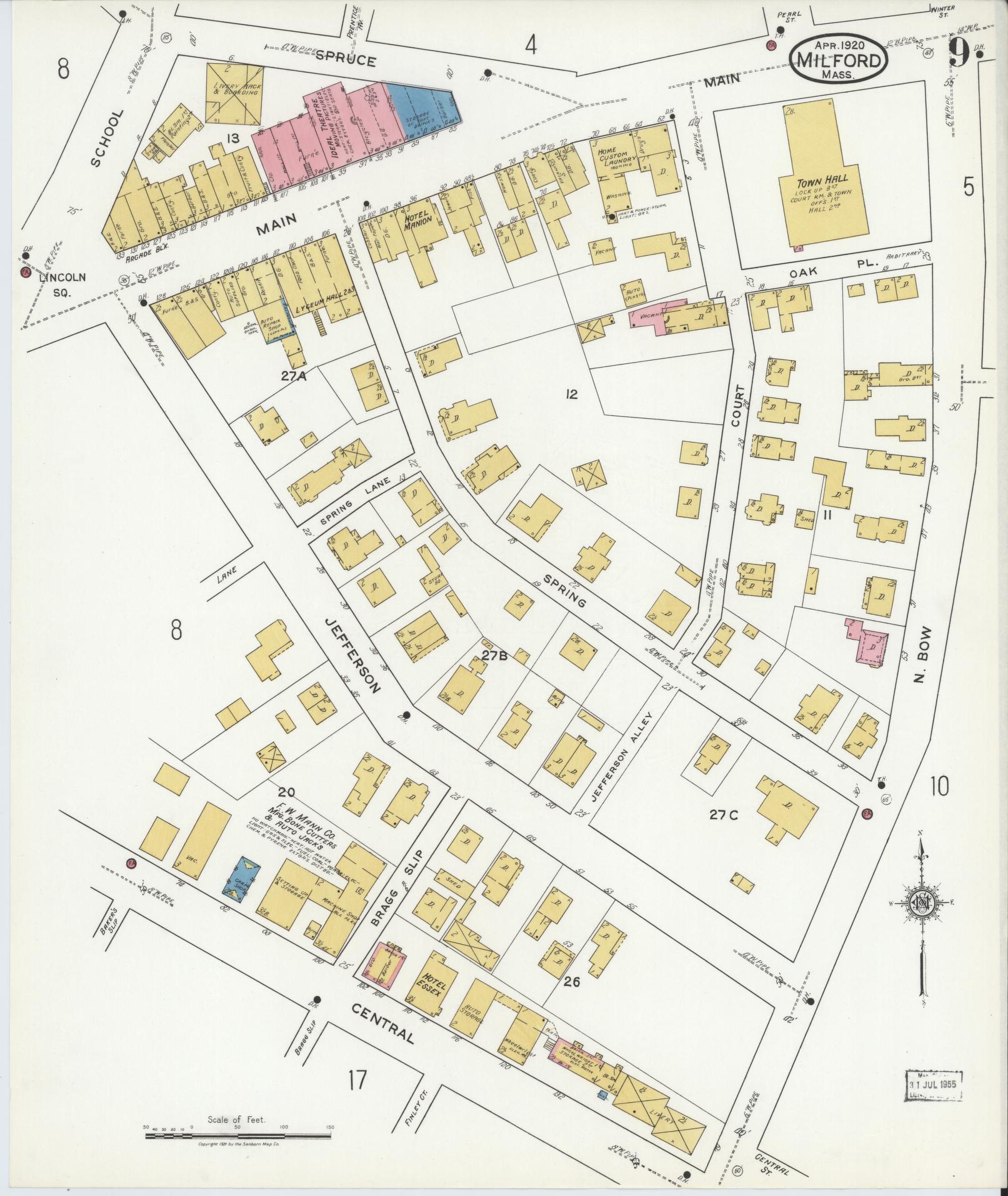 Sanborn Fire Insurance Map from Milford, Worcester County, Massachusetts (1920), Sheet #0009 - Historic Sanborn Fire Insurance Map Print, vintage old map wall art, antique decor, genealogy gift, Massachusetts Massachusetts map
