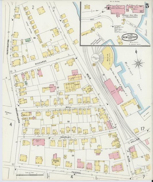Sanborn Fire Insurance Map from New London, New London County, Connecticut (1896), Sheet #0005 - Historic Sanborn Fire Insurance Map Print, vintage old map wall art, antique decor, genealogy gift, Connecticut Connecticut map