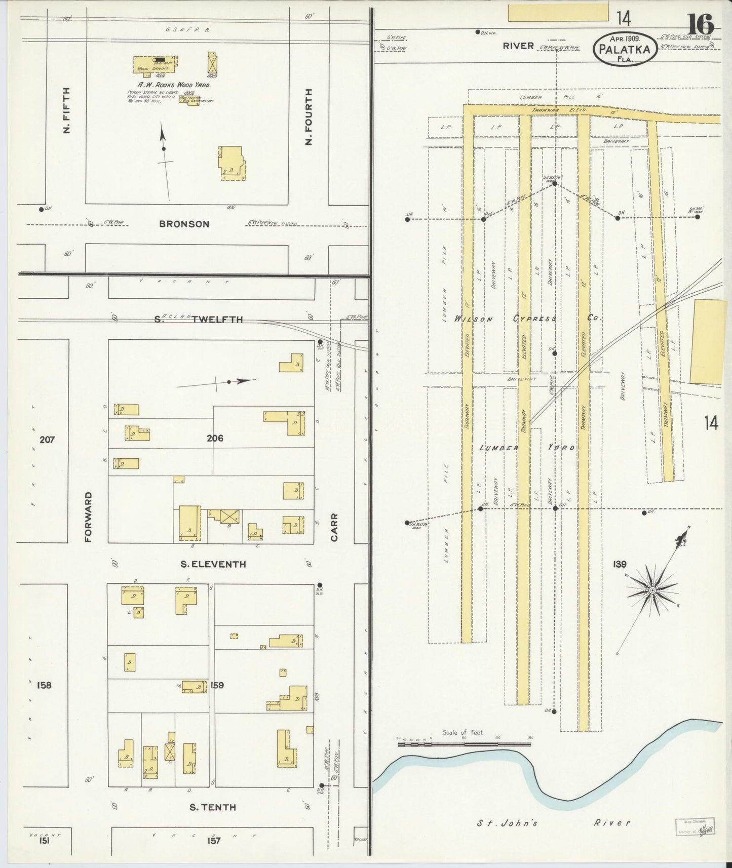 Sanborn Fire Insurance Map from Palatka, Putnam County, Florida (1909), Sheet #0016 - Complete Map Set gallery image, historic Sanborn map, vintage wall art, Florida Florida