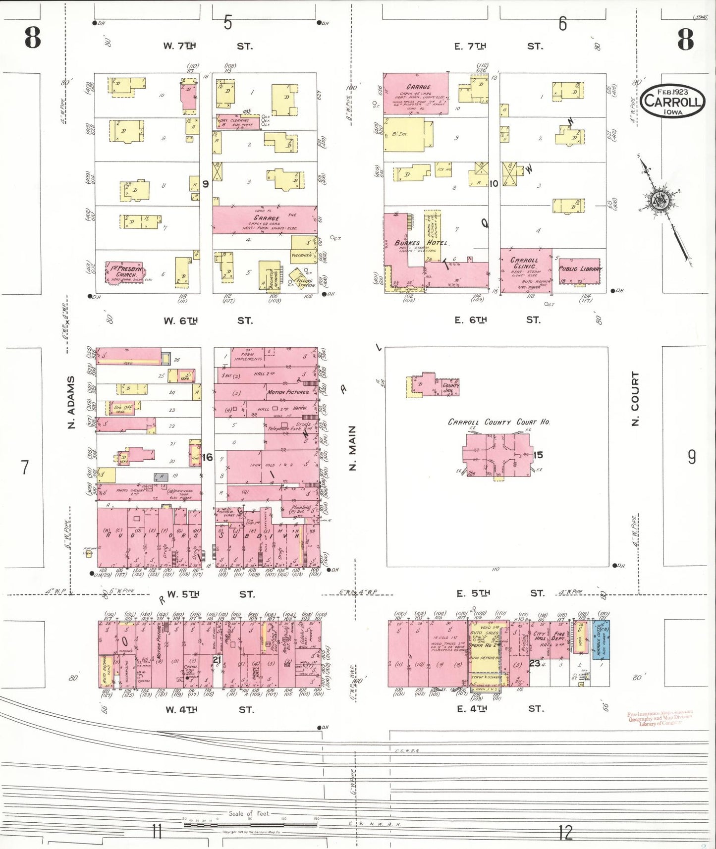 Sanborn Fire Insurance Map from Carroll, Carroll County, Iowa (1923), Sheet #0008 - Historic Sanborn Fire Insurance Map Print, vintage old map wall art