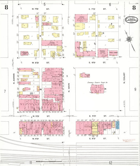 Sanborn Fire Insurance Map from Carroll, Carroll County, Iowa (1923), Sheet #0008 - Historic Sanborn Fire Insurance Map Print, vintage old map wall art