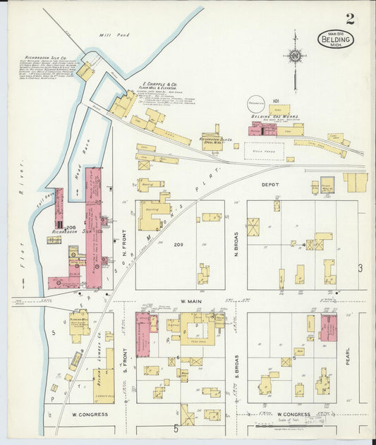 Sanborn Fire Insurance Map from Belding, Ionia County, Michigan (1918), Sheet #0002 - Historic Sanborn Fire Insurance Map Print, vintage old map wall art, antique decor, genealogy gift, Michigan Michigan map