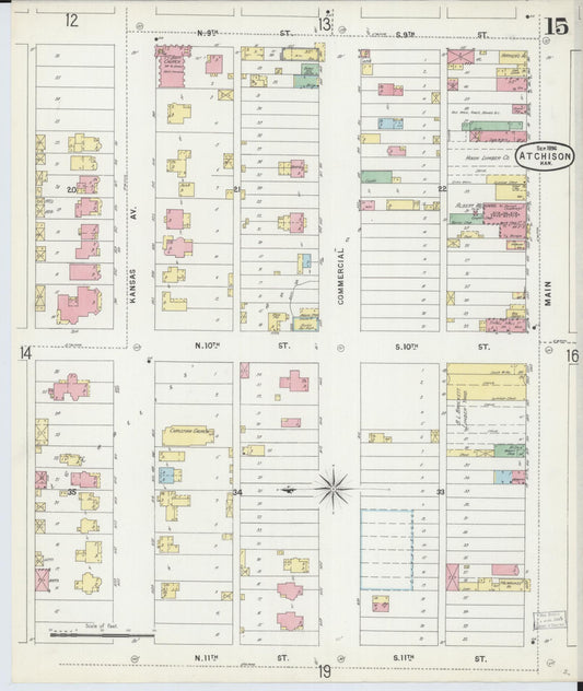 Sanborn Fire Insurance Map from Atchison, Atchison County, Kansas (1896), Sheet #0015 - Historic Sanborn Fire Insurance Map Print, vintage old map wall art, antique decor, genealogy gift, Kansas Kansas map