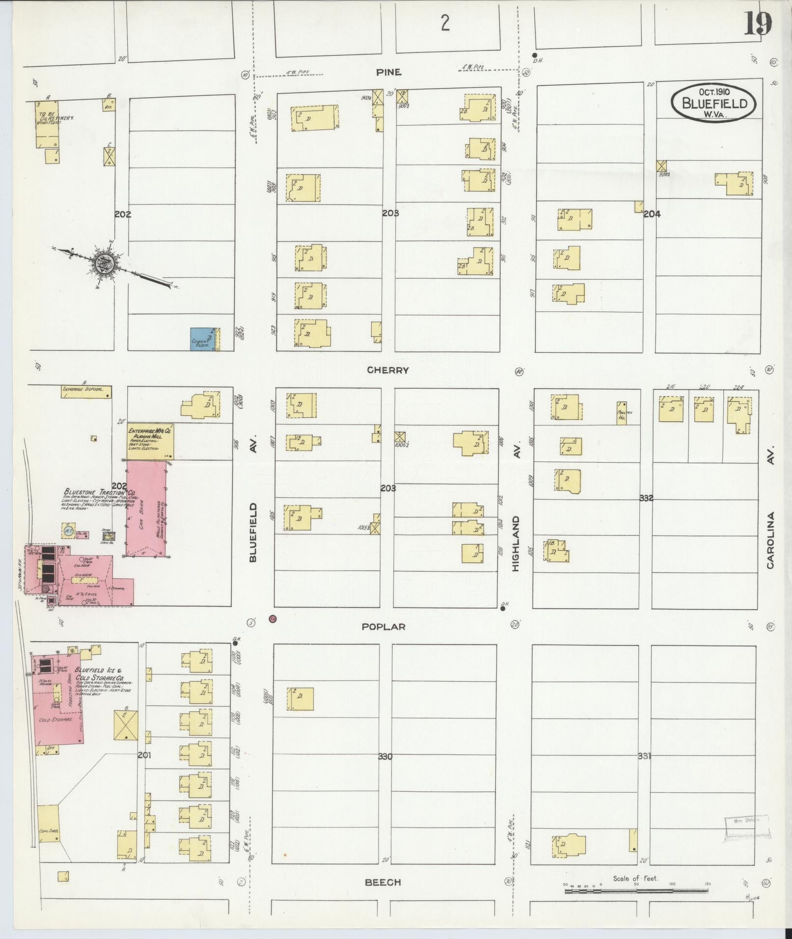 Sanborn Fire Insurance Map from Bluefield, Mercer County, West Virginia (1910), Sheet #0019 - Historic Sanborn Fire Insurance Map Print, vintage old map wall art, antique decor, genealogy gift, West Virginia West Virginia map