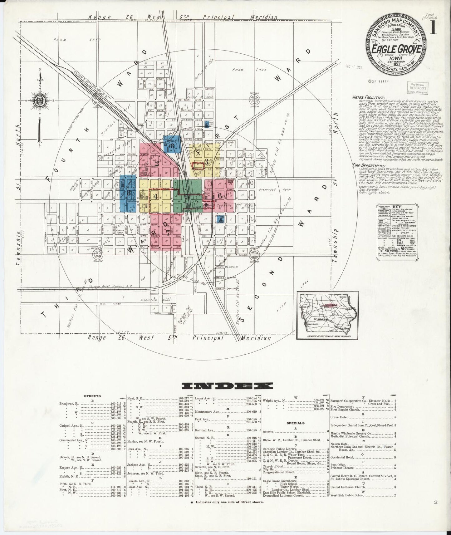 Sanborn Fire Insurance Map from Eagle Grove, Wright County, Iowa (1921), Sheet #0001 - Historic Sanborn Fire Insurance Map Print, vintage old map wall art