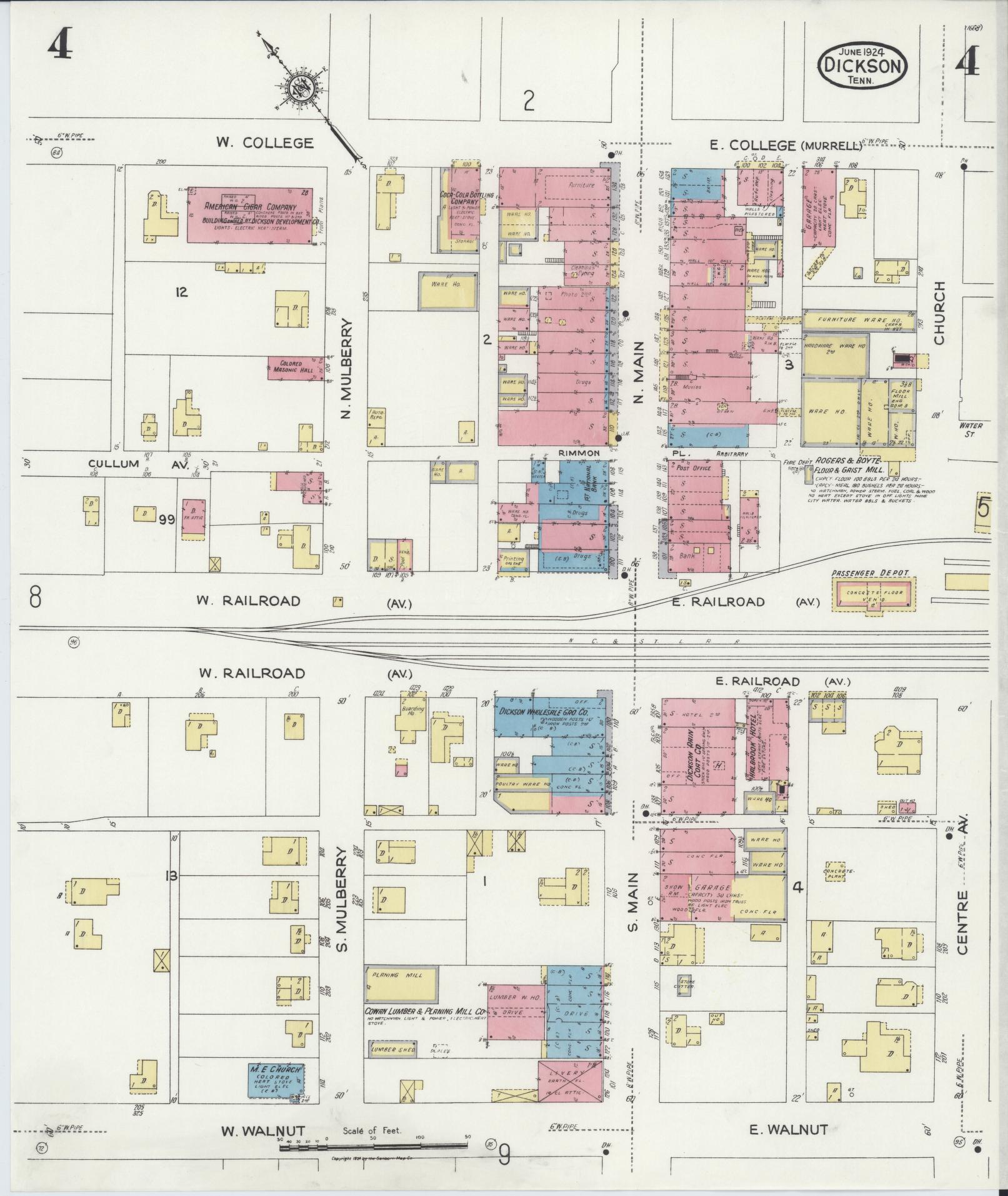 Sanborn Fire Insurance Map from Dickson, Dickson County, Tennessee (1924), Sheet #0004 - Complete Map Set gallery image, historic Sanborn map, vintage wall art, Tennessee Tennessee