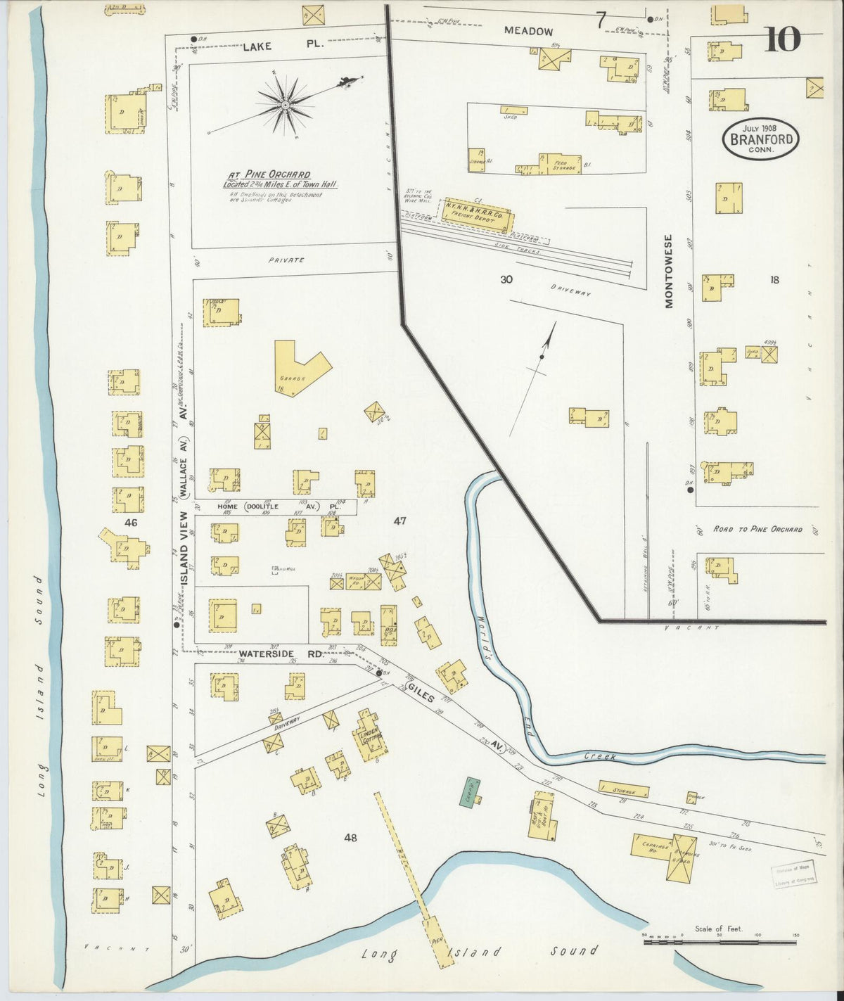 Sanborn Fire Insurance Map from Branford, New Haven County, Connecticut (1908), Sheet #0010 - Historic Sanborn Fire Insurance Map Print, vintage old map wall art, antique decor, genealogy gift, Connecticut Connecticut map