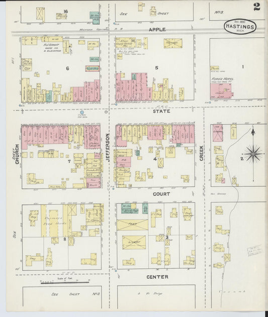 Sanborn Fire Insurance Map from Hastings, Barry County, Michigan (1891), Sheet #0002 - Historic Sanborn Fire Insurance Map Print, vintage old map wall art, antique decor, genealogy gift, Michigan Michigan map