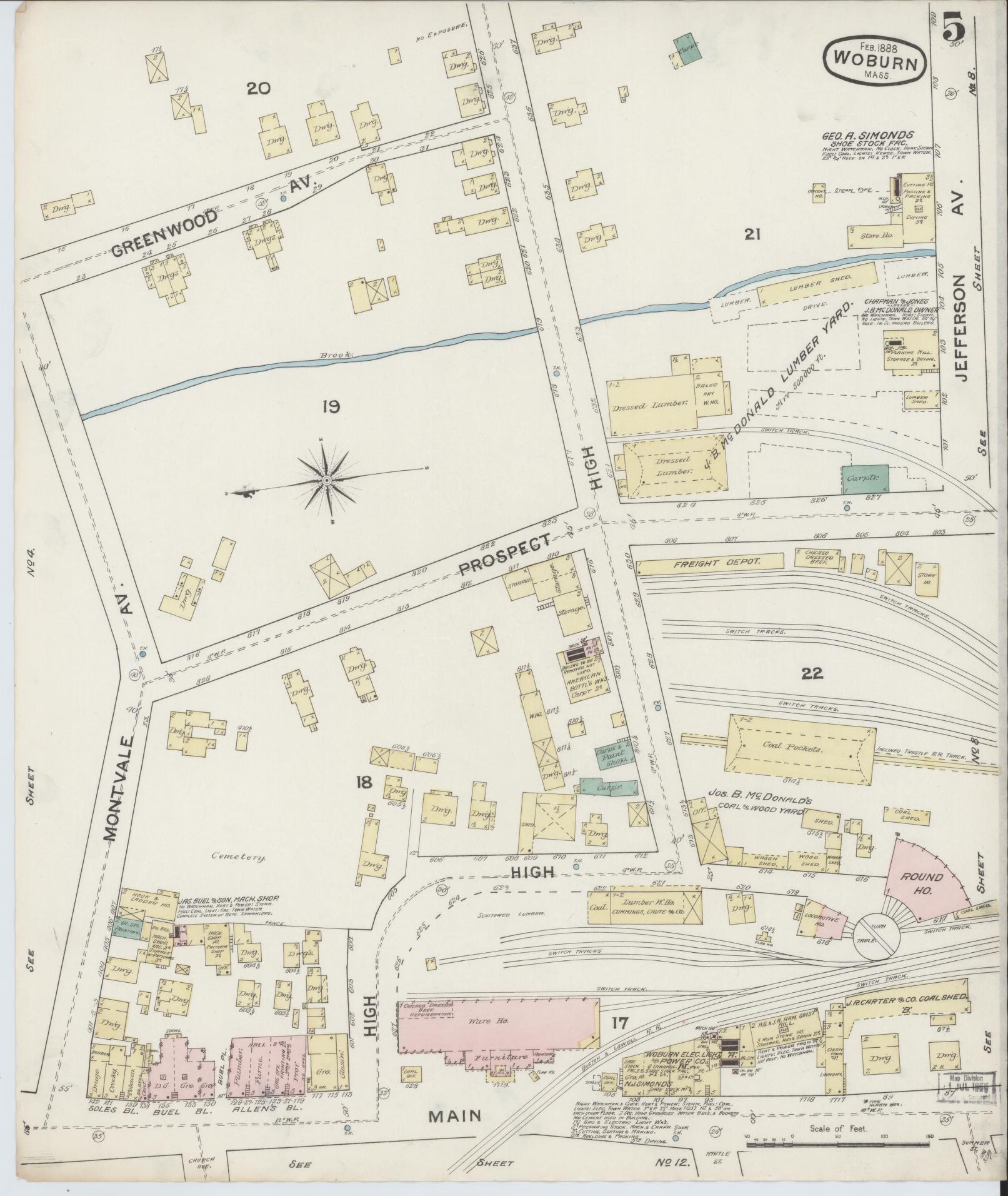 Sanborn Fire Insurance Map from Woburn, Middlesex County, Massachusetts (1888), Sheet #0005 - Complete Map Set gallery image, historic Sanborn map, vintage wall art, Massachusetts Massachusetts