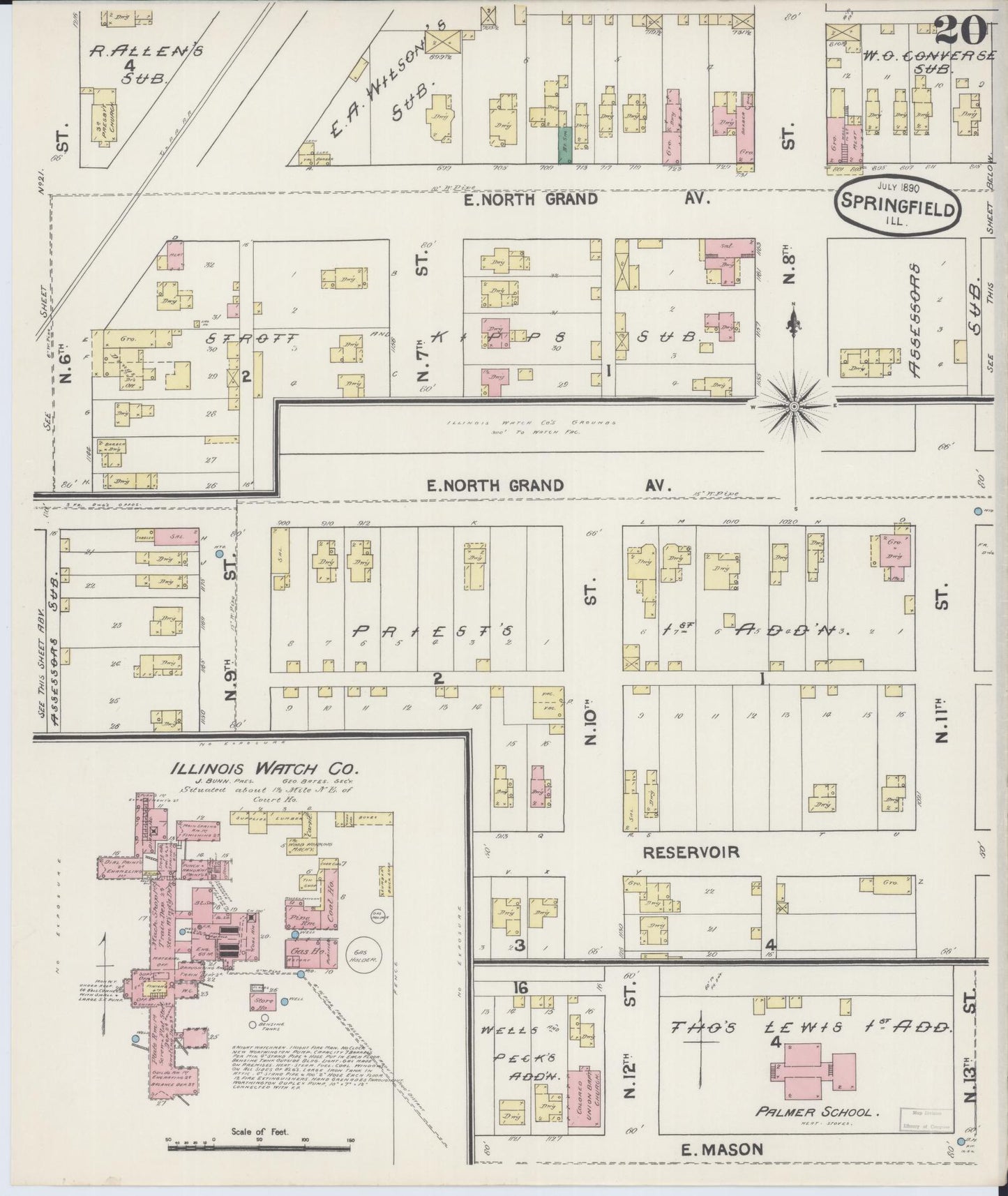 Sanborn Fire Insurance Map from Springfield, Sangamon County, Illinois (1890), Sheet #0020 - Historic Sanborn Fire Insurance Map Print, vintage old map wall art, antique decor, genealogy gift, Illinois Illinois map