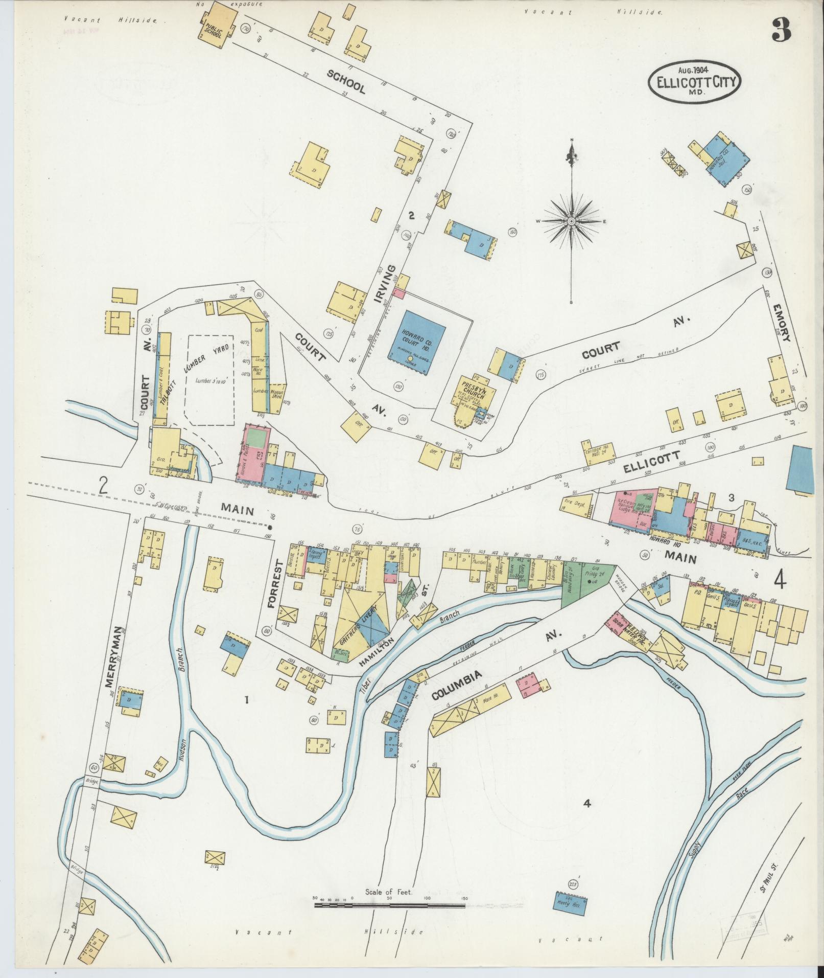 Sanborn Fire Insurance Map from Ellicott City, Howard County, Maryland (1904), Sheet #0003 - Historic Sanborn Fire Insurance Map Print, vintage old map wall art, antique decor, genealogy gift, Maryland Maryland map