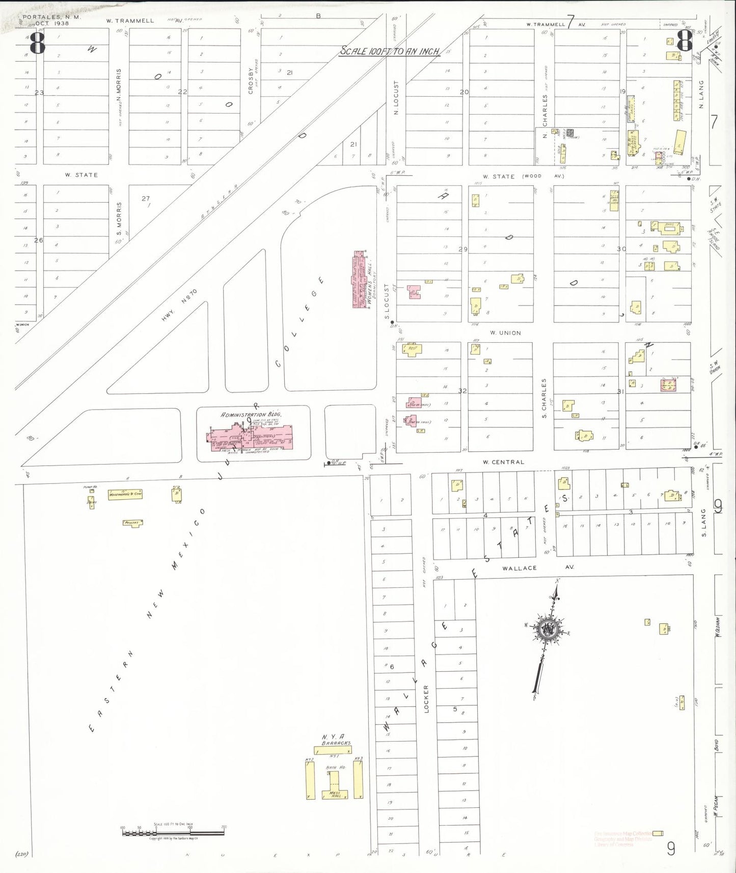 Sanborn Fire Insurance Map from Portales, Roosevelt County, New Mexico (1938), Sheet #0008 - Historic Sanborn Fire Insurance Map Print, vintage old map wall art, antique decor, genealogy gift, New Mexico New Mexico map