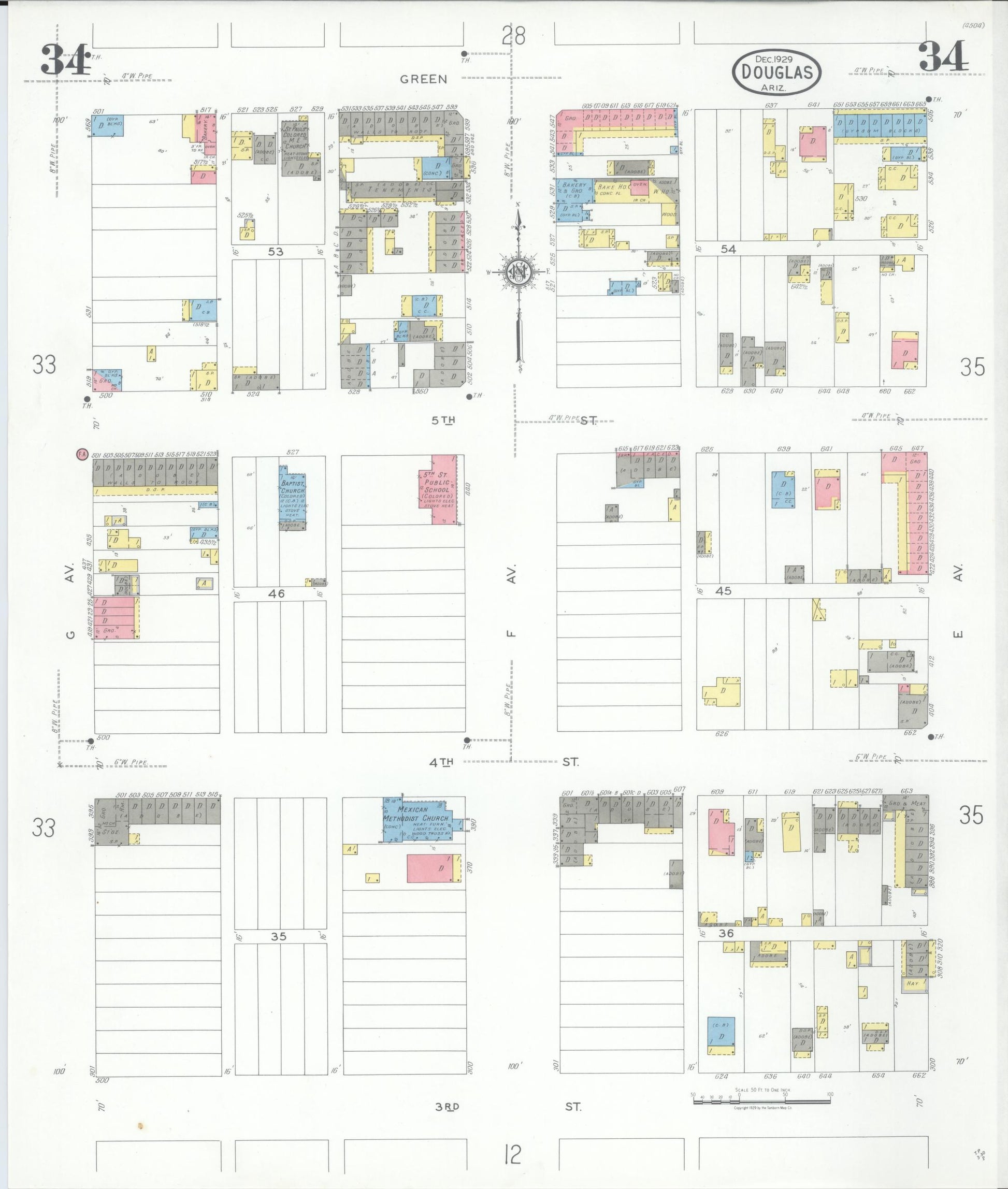 Sanborn Fire Insurance Map from Douglas, Cochise County, Arizona (1929), Sheet #0034 - Historic Sanborn Fire Insurance Map Print, vintage old map wall art, antique decor, genealogy gift, Arizona Arizona map