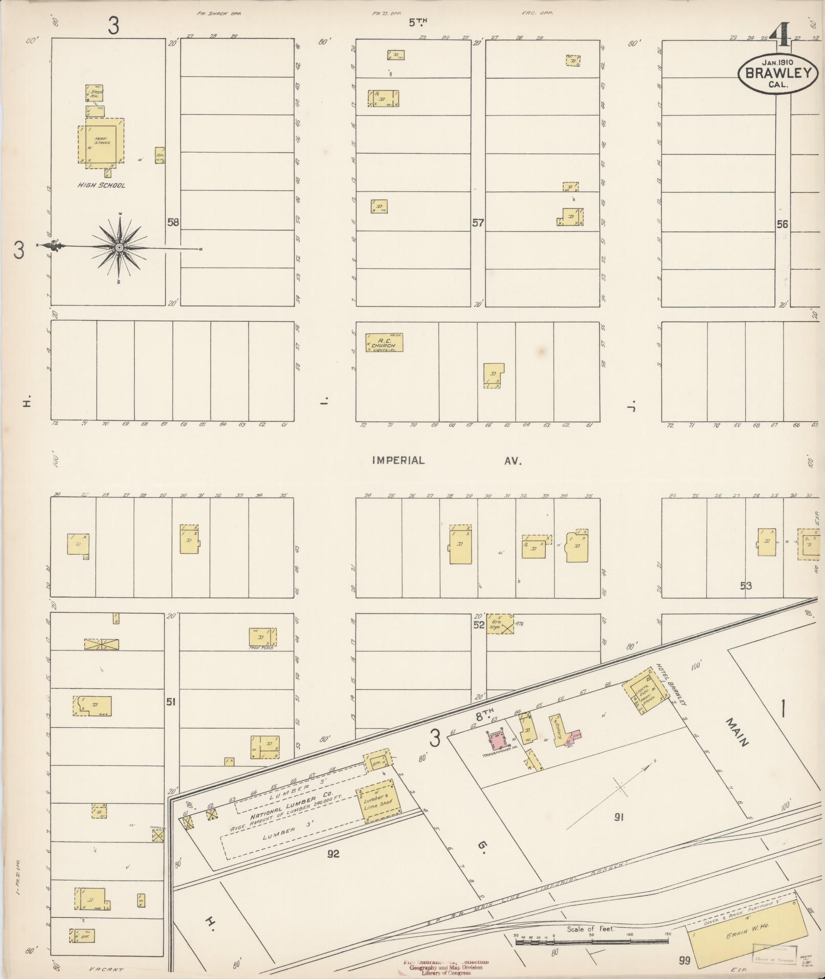 Sanborn Fire Insurance Map from Brawley, Imperial County, California (1910), Sheet #0004 - Historic Sanborn Fire Insurance Map Print, vintage old map wall art, antique decor, genealogy gift, California California map