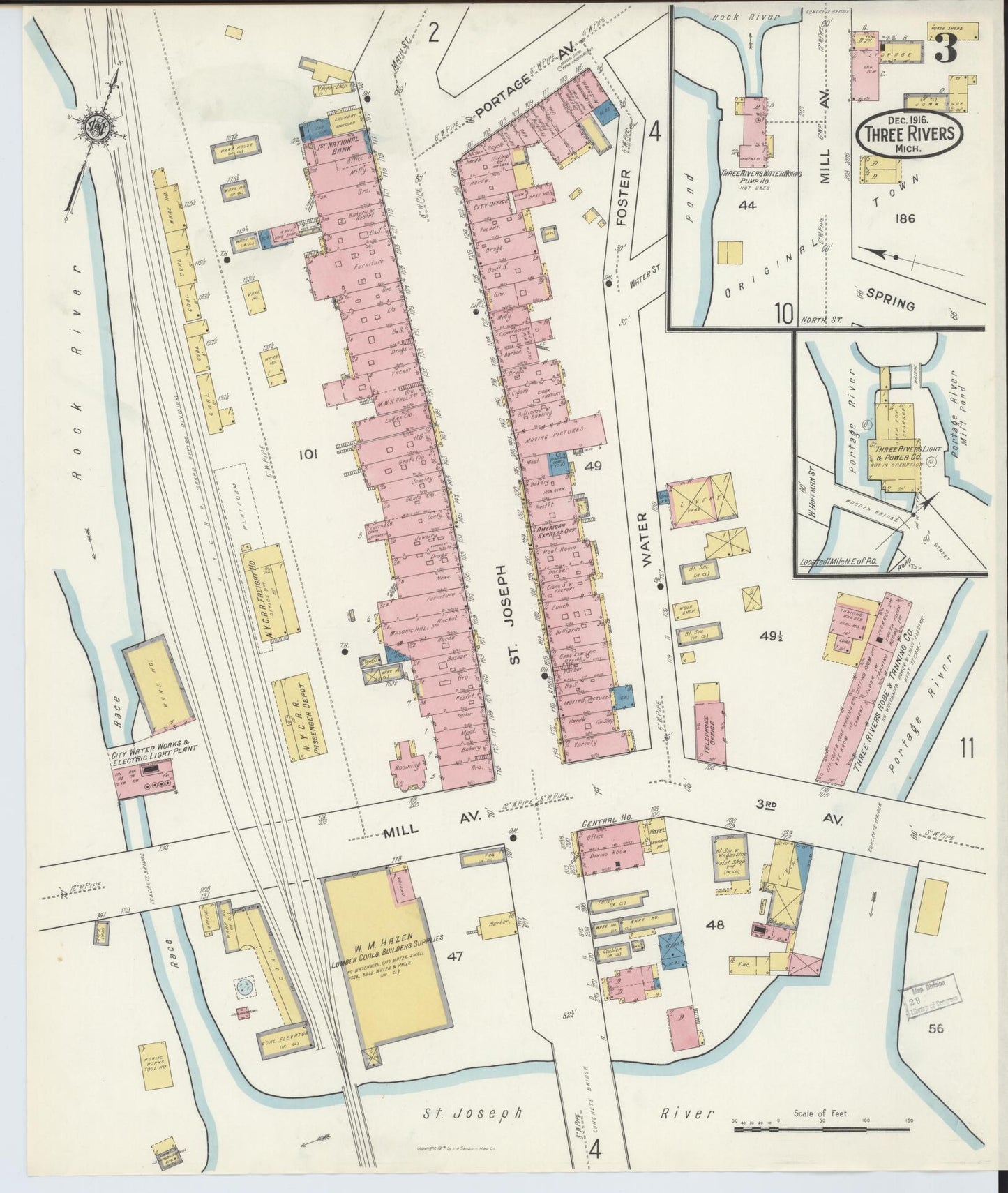 Sanborn Fire Insurance Map from Three Rivers, Saint Joseph County, Michigan (1916), Sheet #0003 - Historic Sanborn Fire Insurance Map Print, vintage old map wall art, antique decor, genealogy gift, Michigan Michigan map