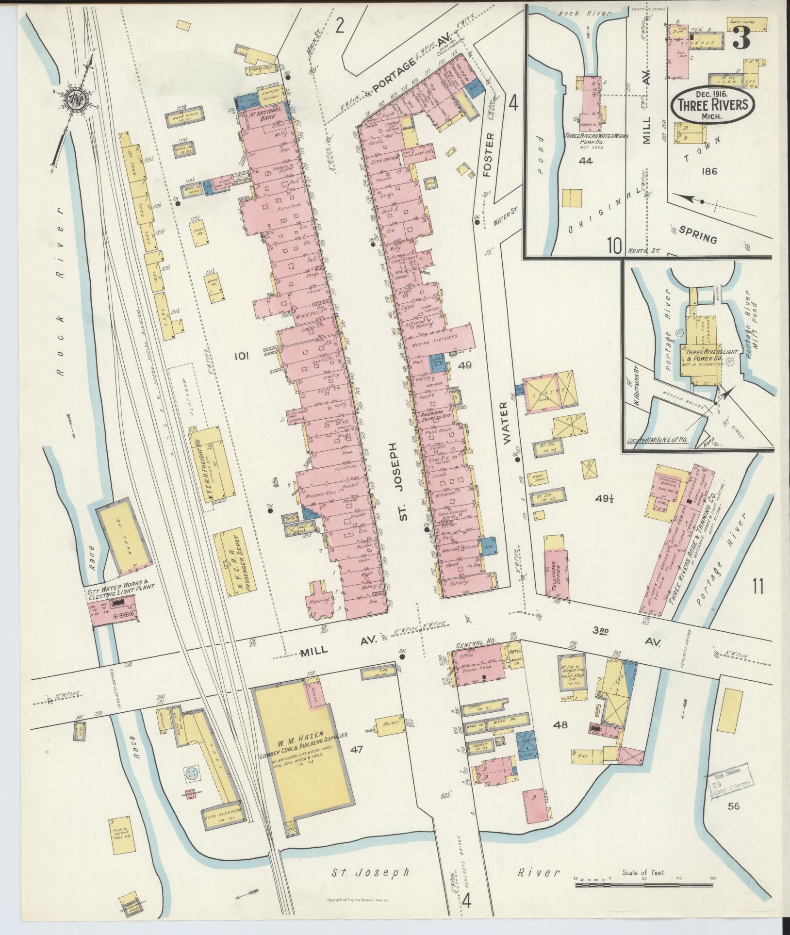 Sanborn Fire Insurance Map from Three Rivers, Saint Joseph County, Michigan (1916), Sheet #0003 - Historic Sanborn Fire Insurance Map Print, vintage old map wall art, antique decor, genealogy gift, Michigan Michigan map