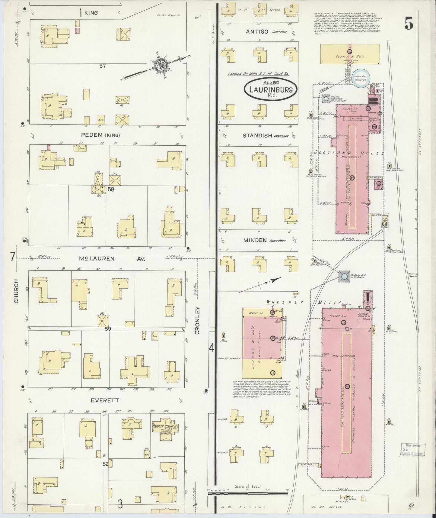 Sanborn Fire Insurance Map from Laurinburg, Scotland County, North Carolina (1914), Sheet #0005 - Complete Map Set gallery image, historic Sanborn map, vintage wall art, North Carolina North Carolina