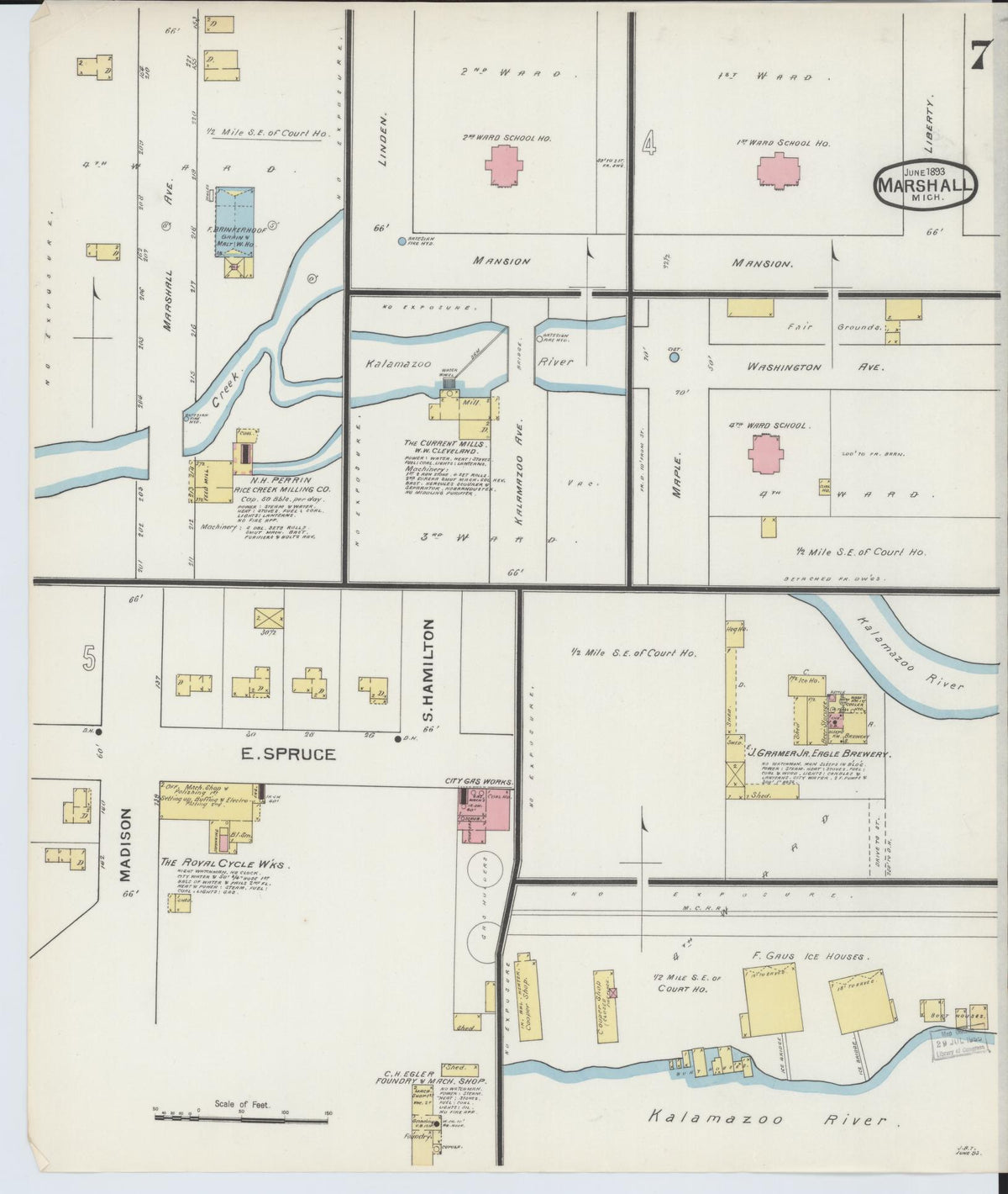 Sanborn Fire Insurance Map from Marshall, Calhoun County, Michigan (1893), Sheet #0007 - Historic Sanborn Fire Insurance Map Print, vintage old map wall art, antique decor, genealogy gift, Michigan Michigan map