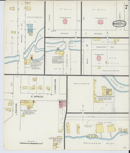 Sanborn Fire Insurance Map from Marshall, Calhoun County, Michigan (1893), Sheet #0007 - Historic Sanborn Fire Insurance Map Print, vintage old map wall art, antique decor, genealogy gift, Michigan Michigan map