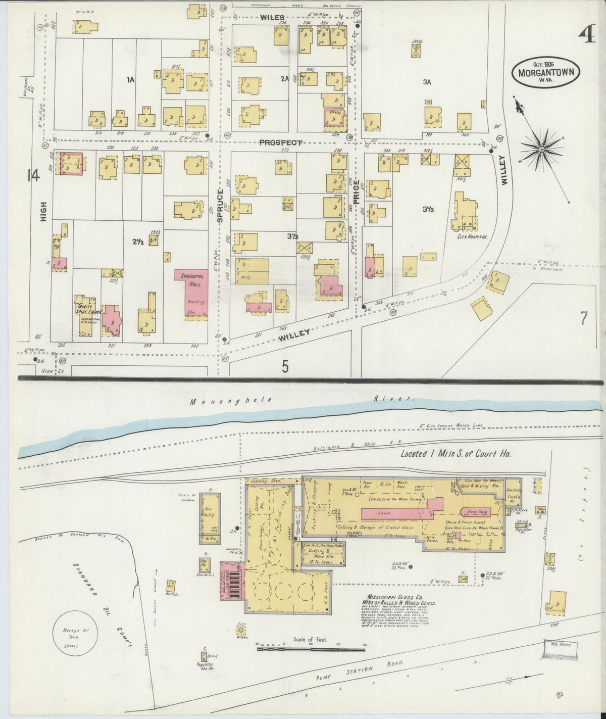Sanborn Fire Insurance Map from Morgantown, Monongalia County, West Virginia (1906), Sheet #0004 - Historic Sanborn Fire Insurance Map Print, vintage old map wall art, antique decor, genealogy gift, West Virginia West Virginia map