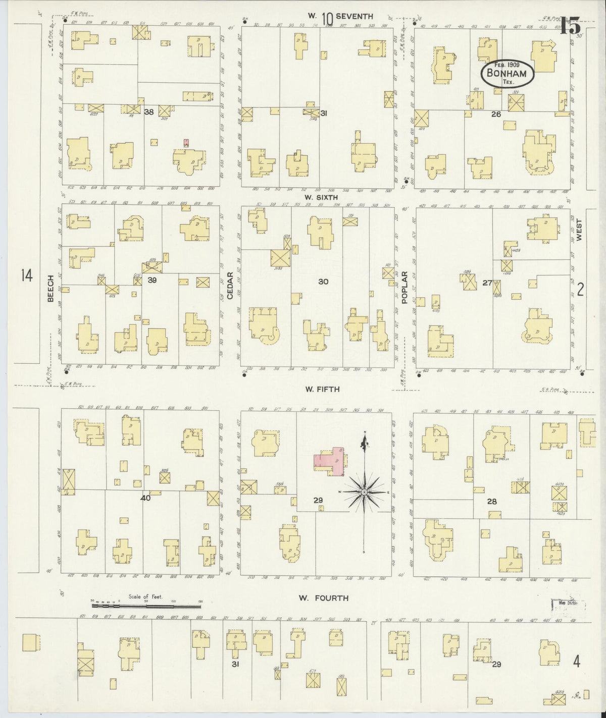 Sanborn Fire Insurance Map from Bonham, Fannin County, Texas (1909), Sheet #0015 - Complete Map Set gallery image, historic Sanborn map, vintage wall art, Texas Texas