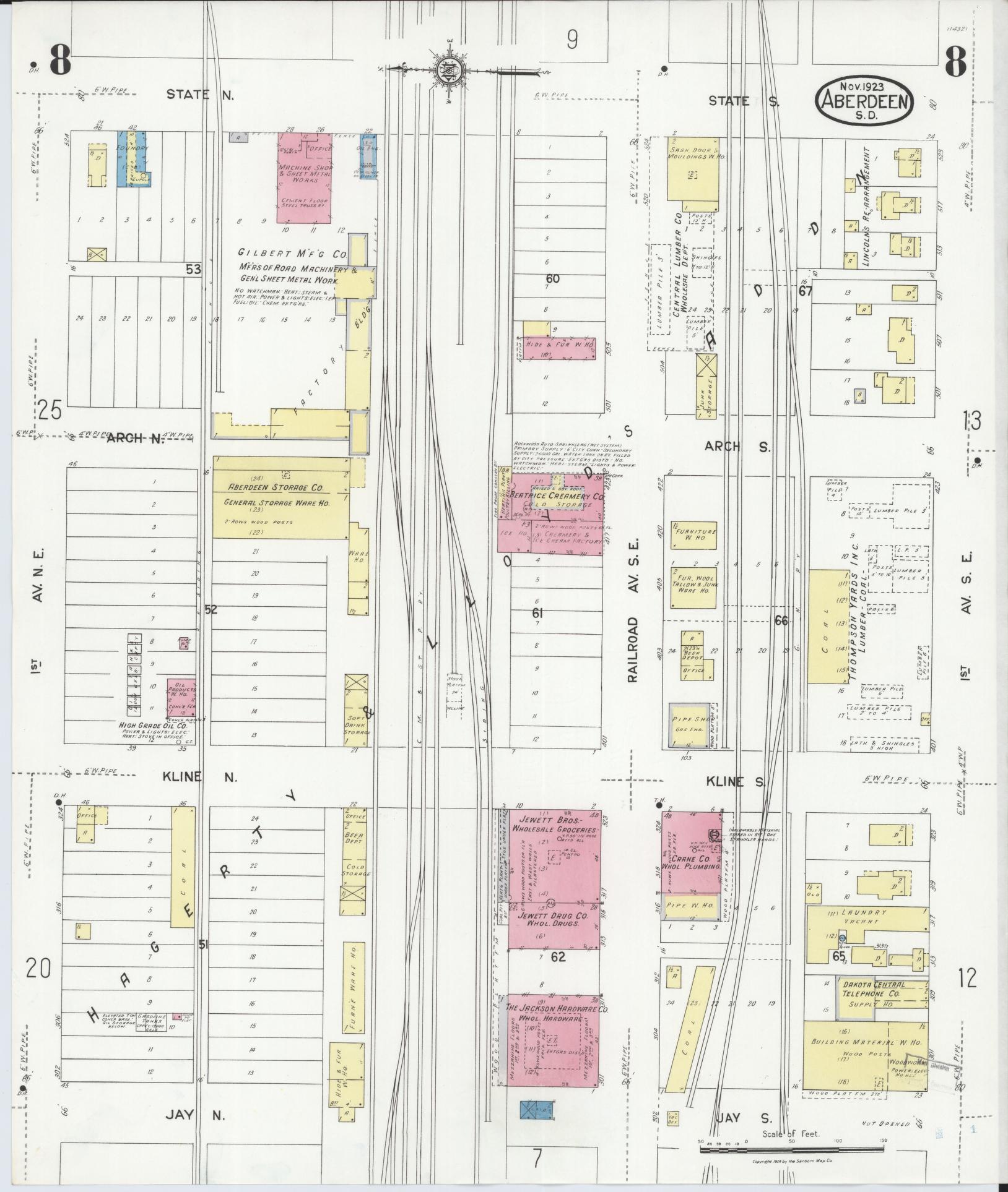 Sanborn Fire Insurance Map from Aberdeen, Brown County, South Dakota (1923), Sheet #0008 - Historic Sanborn Fire Insurance Map Print, vintage old map wall art, antique decor, genealogy gift, South Dakota South Dakota map