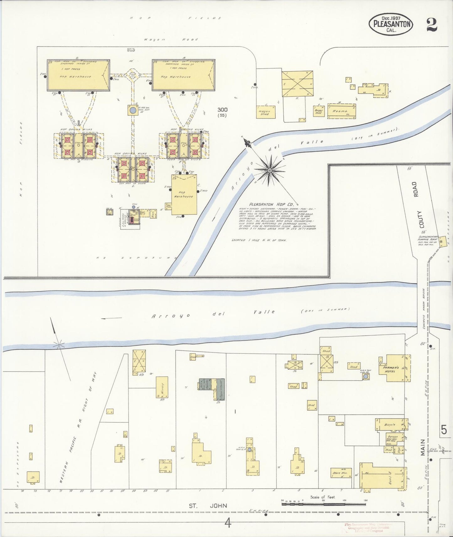 Sanborn Fire Insurance Map from Pleasanton, Alameda County, California (1907), Sheet #0002 - Complete Map Set gallery image, historic Sanborn map, vintage wall art, California California