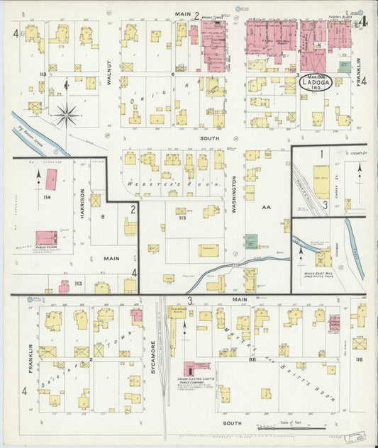 Sanborn Fire Insurance Map from Ladoga, Montgomery County, Indiana (1908), Sheet #0004 - Historic Sanborn Fire Insurance Map Print, vintage old map wall art, antique decor, genealogy gift, Indiana Indiana map