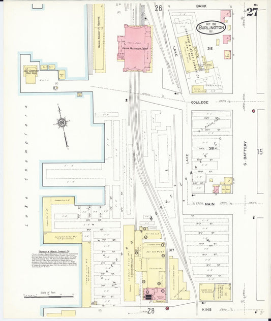Sanborn Fire Insurance Map from Burlington, Chittenden County, Vermont (1912), Sheet #0027 - Historic Sanborn Fire Insurance Map Print, vintage old map wall art, antique decor, genealogy gift, Vermont Vermont map