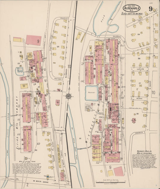 Sanborn Fire Insurance Map from Albemarle, Stanley County, North Carolina (1922), Sheet #0009 - Historic Sanborn Fire Insurance Map Print, vintage old map wall art, antique decor, genealogy gift, North Carolina North Carolina map