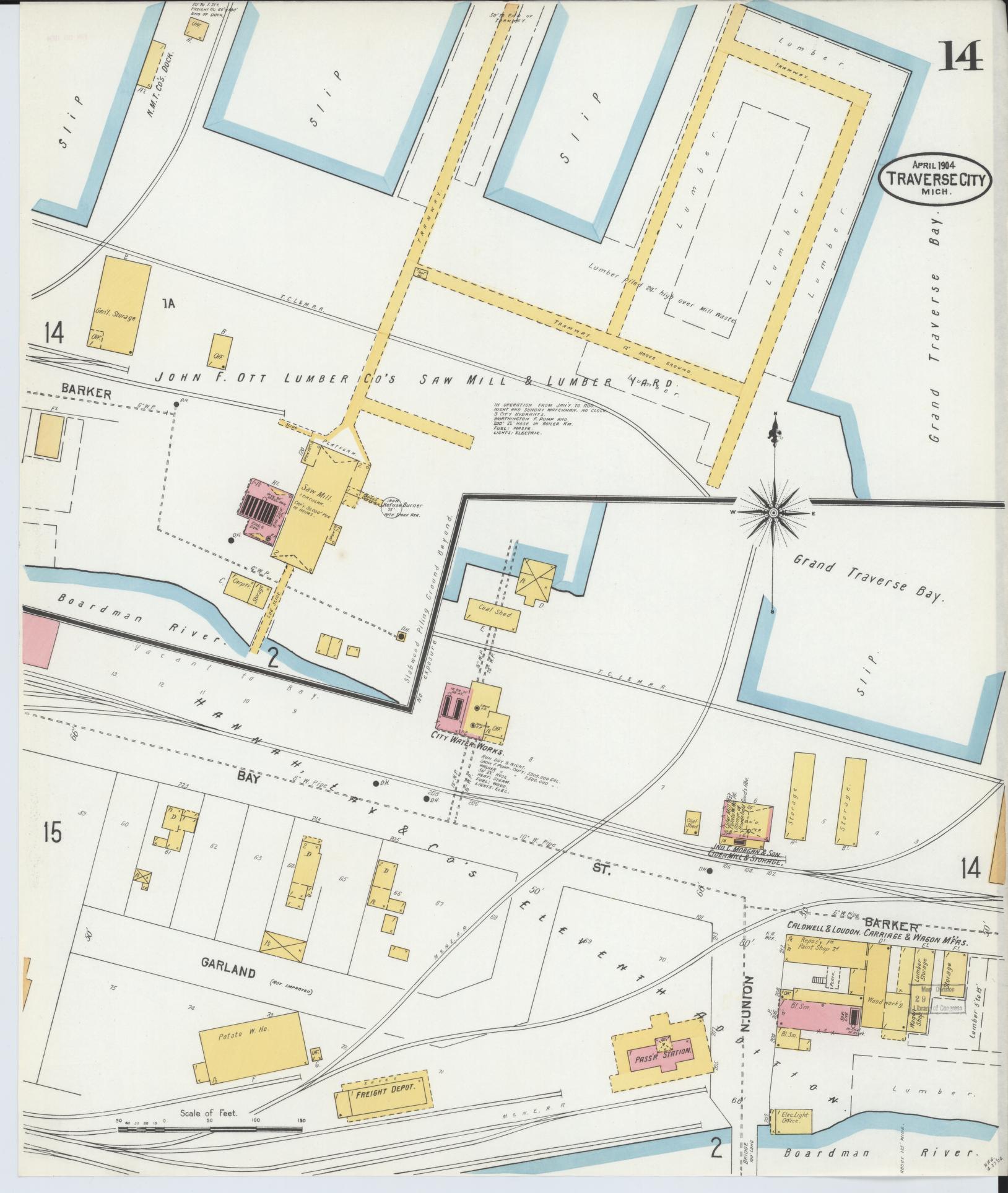 Sanborn Fire Insurance Map from Traverse City, Grand Traverse County, Michigan (1904), Sheet #0014 - Historic Sanborn Fire Insurance Map Print, vintage old map wall art, antique decor, genealogy gift, Michigan Michigan map