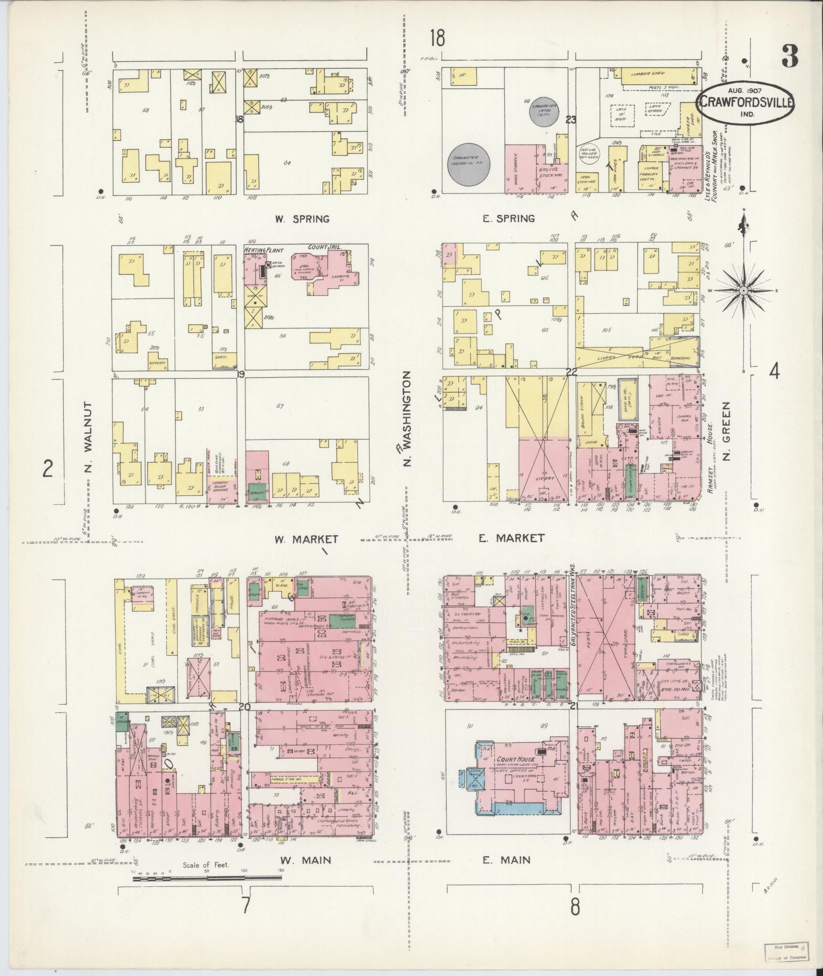 Sanborn Fire Insurance Map from Crawfordsville, Montgomery County, Indiana (1907), Sheet #0003 - Historic Sanborn Fire Insurance Map Print, vintage old map wall art, antique decor, genealogy gift, Indiana Indiana map