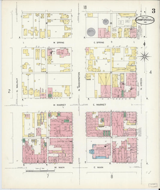Sanborn Fire Insurance Map from Crawfordsville, Montgomery County, Indiana (1907), Sheet #0003 - Historic Sanborn Fire Insurance Map Print, vintage old map wall art, antique decor, genealogy gift, Indiana Indiana map