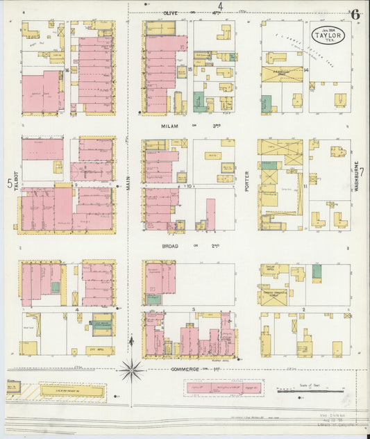 Sanborn Fire Insurance Map from Taylor, Williamson County, Texas (1904), Sheet #0006 - Historic Sanborn Fire Insurance Map Print, vintage old map wall art, antique decor, genealogy gift, Texas Texas map