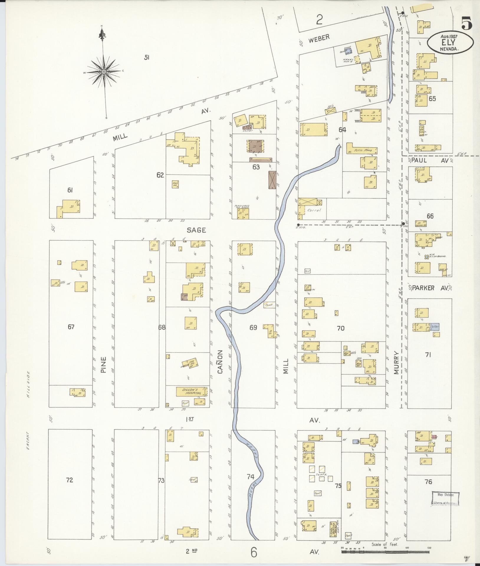 Sanborn Fire Insurance Map from Ely, White Pine County, Nevada (1907), Sheet #0005 - Historic Sanborn Fire Insurance Map Print, vintage old map wall art, antique decor, genealogy gift, Nevada Nevada map