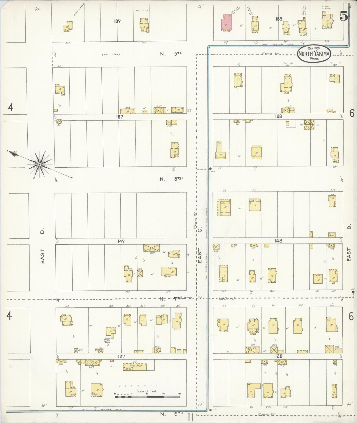 Sanborn Fire Insurance Map from North Yakima, Yakima County, Washington (1905), Sheet #0005 - Historic Sanborn Fire Insurance Map Print, vintage old map wall art, antique decor, genealogy gift, Washington Washington map