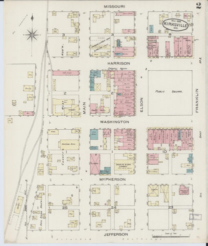 Sanborn Fire Insurance Map from Kirksville, Adair County, Missouri (1886), Sheet #0002 - Historic Sanborn Fire Insurance Map Print, vintage old map wall art, antique decor, genealogy gift, Missouri Missouri map