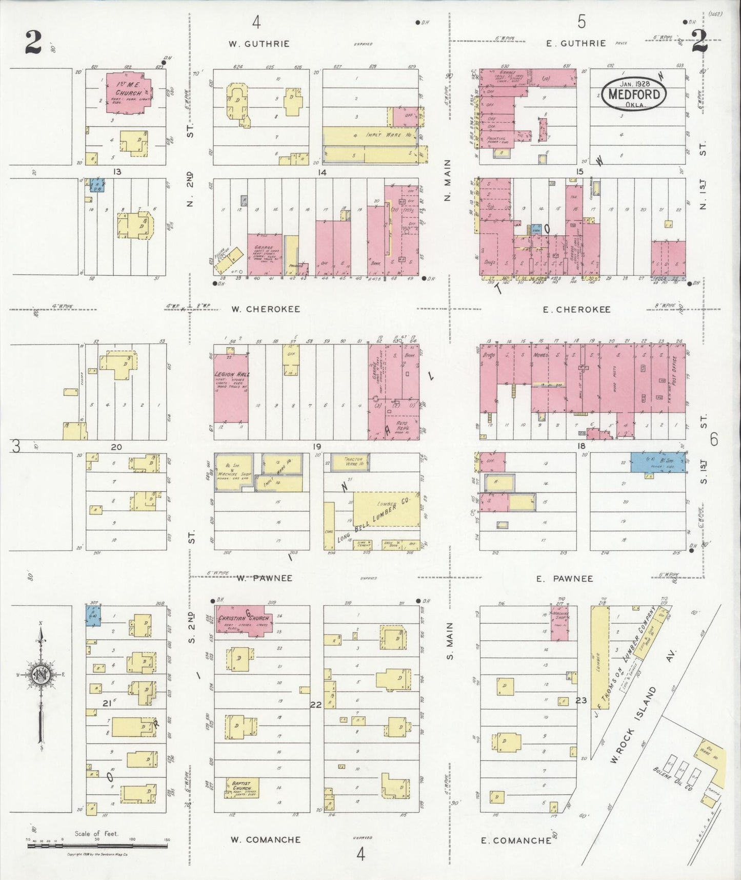 Sanborn Fire Insurance Map from Medford, Grant County, Oklahoma (1928), Sheet #0002 - Complete Map Set gallery image, historic Sanborn map, vintage wall art, Oklahoma Oklahoma