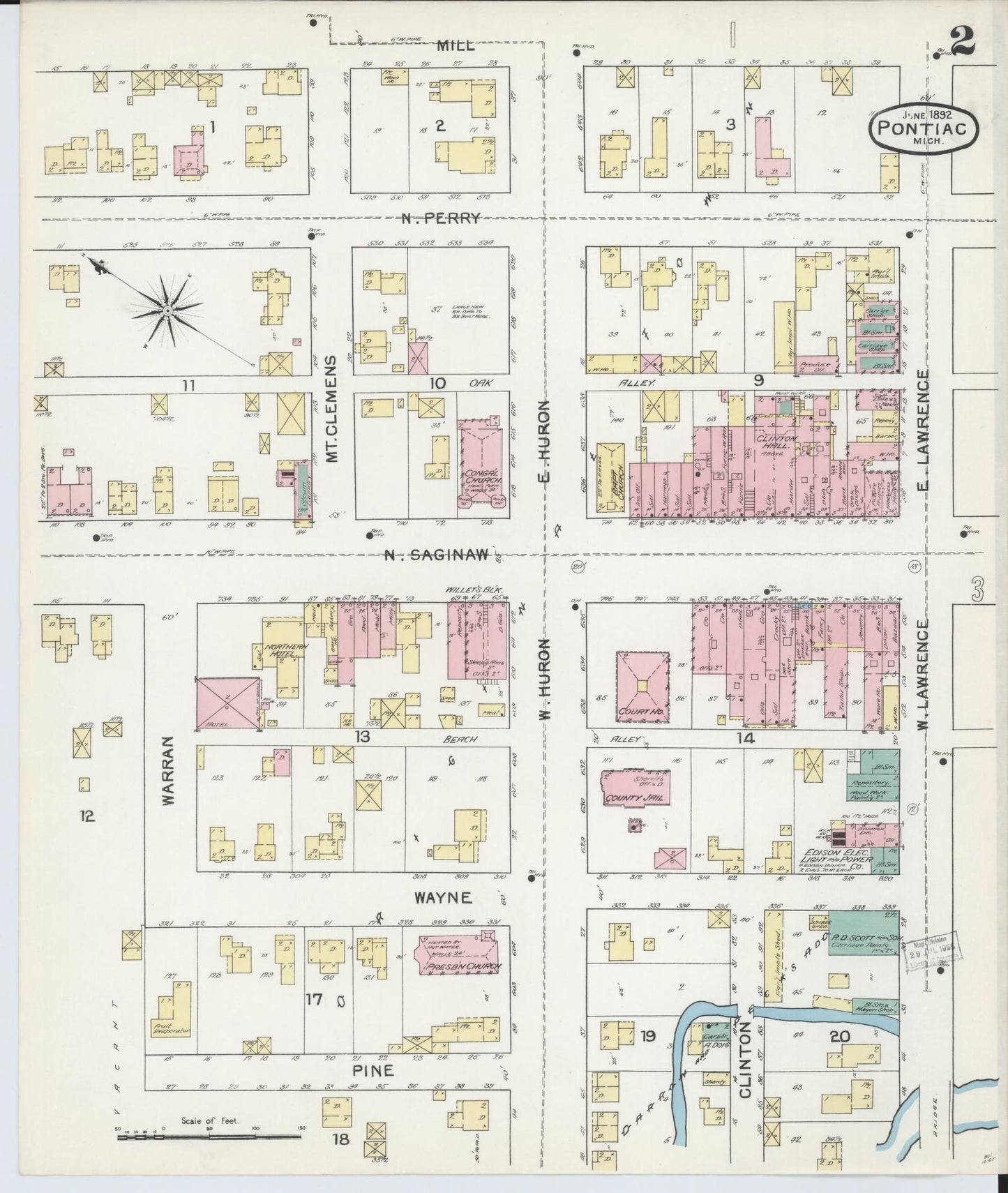 Sanborn Fire Insurance Map from Pontiac, Oakland County, Michigan (1892), Sheet #0002 - Historic Sanborn Fire Insurance Map Print, vintage old map wall art, antique decor, genealogy gift, Michigan Michigan map