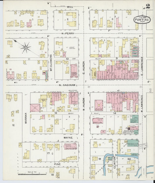 Sanborn Fire Insurance Map from Pontiac, Oakland County, Michigan (1892), Sheet #0002 - Historic Sanborn Fire Insurance Map Print, vintage old map wall art, antique decor, genealogy gift, Michigan Michigan map