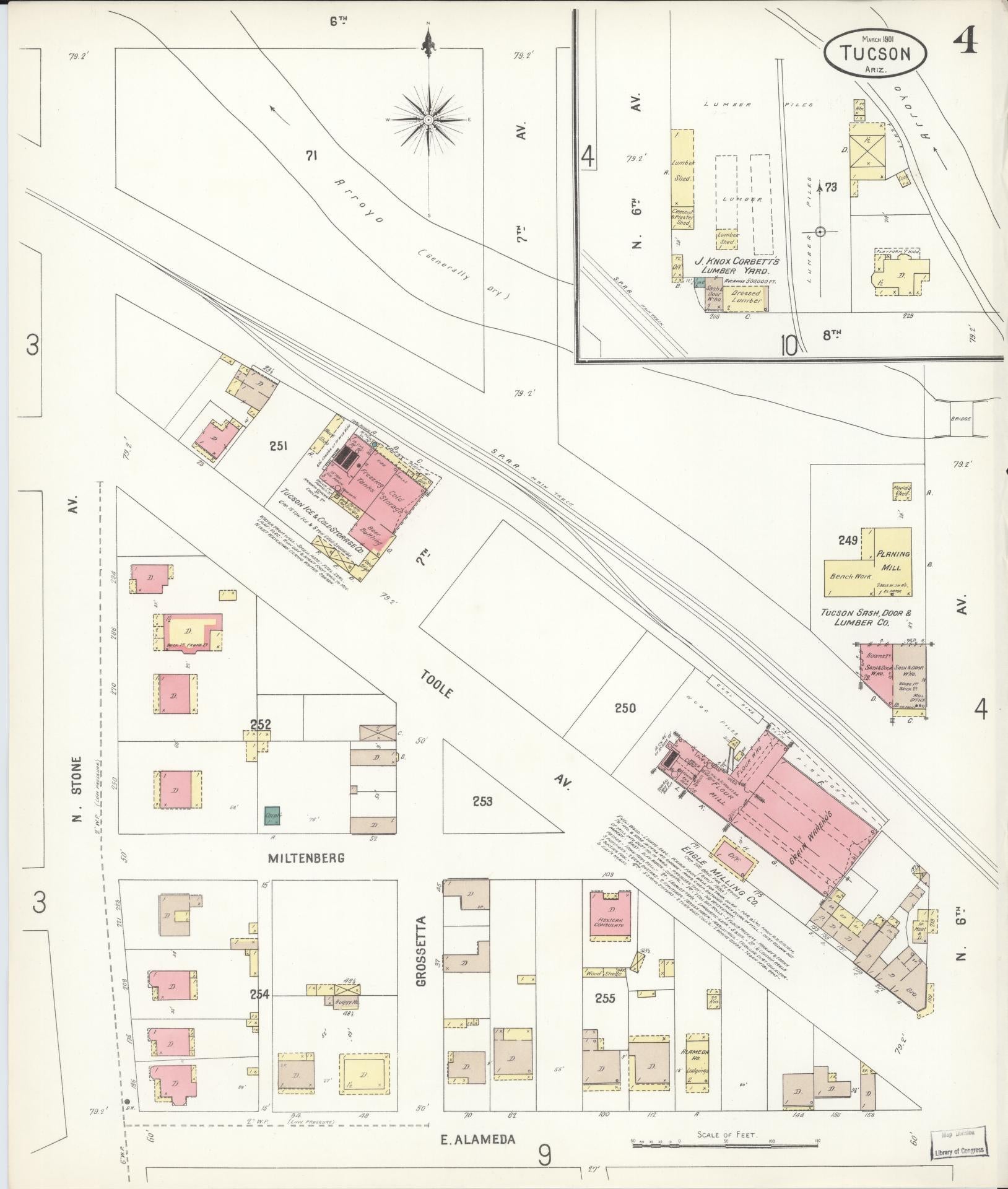 Sanborn Fire Insurance Map from Tucson, Pima County, Arizona (1901), Sheet #0004 - Historic Sanborn Fire Insurance Map Print, vintage old map wall art, antique decor, genealogy gift, Arizona Arizona map