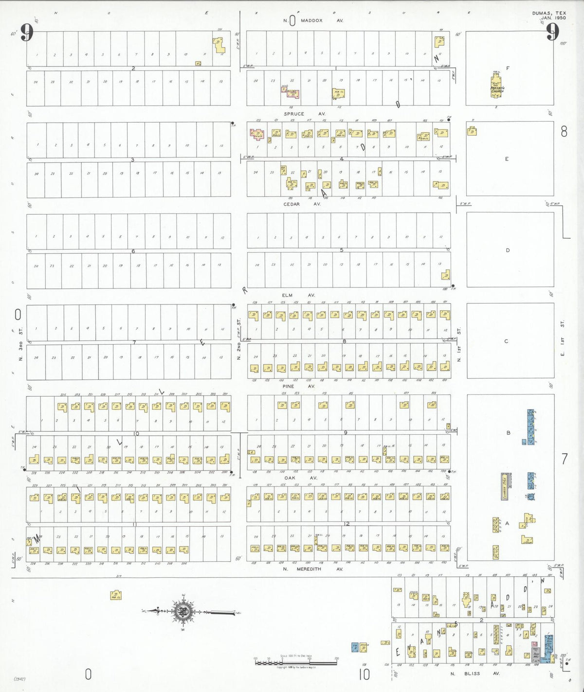Sanborn Fire Insurance Map from Dumas, Moore County, Texas (1950), Sheet #0009 - Historic Sanborn Fire Insurance Map Print, vintage old map wall art, antique decor, genealogy gift, Texas Texas map
