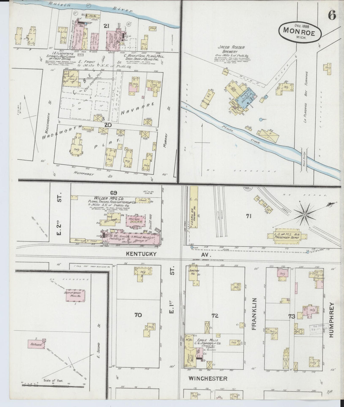 Sanborn Fire Insurance Map from Monroe, Monroe County, Michigan (1888), Sheet #0006 - Historic Sanborn Fire Insurance Map Print, vintage old map wall art, antique decor, genealogy gift, Michigan Michigan map