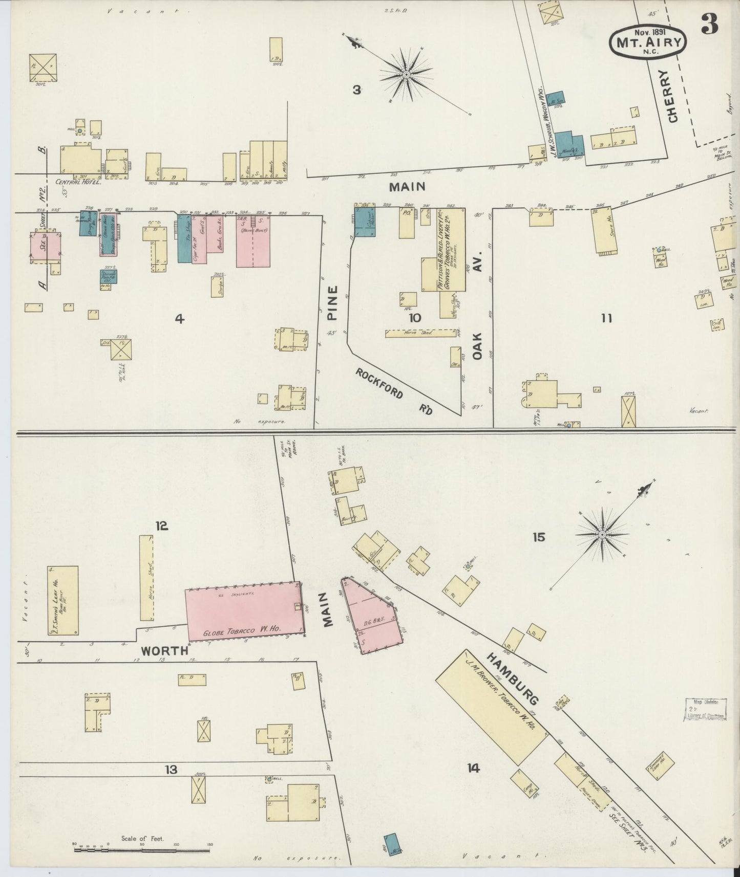 Sanborn Fire Insurance Map from Mount Airy, Surry County, North Carolina (1891), Sheet #0003 - Historic Sanborn Fire Insurance Map Print, vintage old map wall art, antique decor, genealogy gift, North Carolina North Carolina map