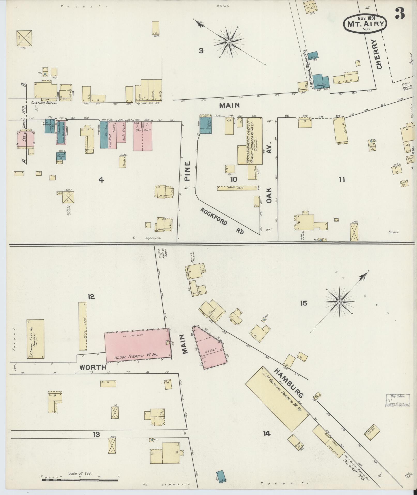 Sanborn Fire Insurance Map from Mount Airy, Surry County, North Carolina (1891), Sheet #0003 - Historic Sanborn Fire Insurance Map Print, vintage old map wall art, antique decor, genealogy gift, North Carolina North Carolina map