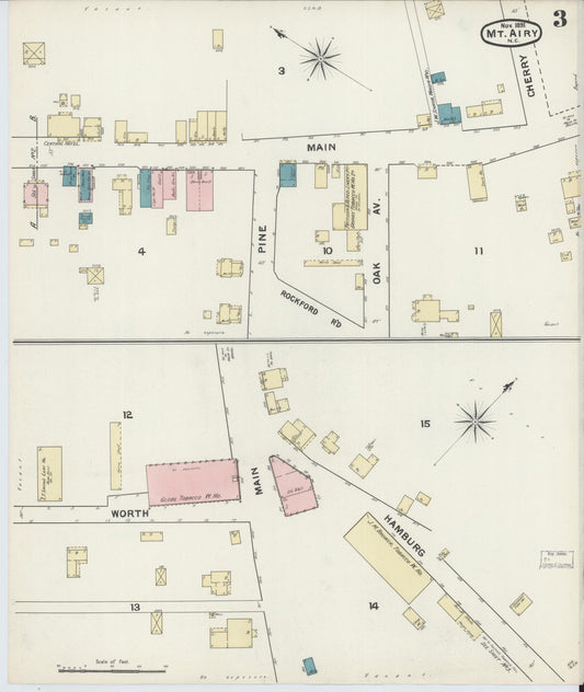 Sanborn Fire Insurance Map from Mount Airy, Surry County, North Carolina (1891), Sheet #0003 - Historic Sanborn Fire Insurance Map Print, vintage old map wall art, antique decor, genealogy gift, North Carolina North Carolina map