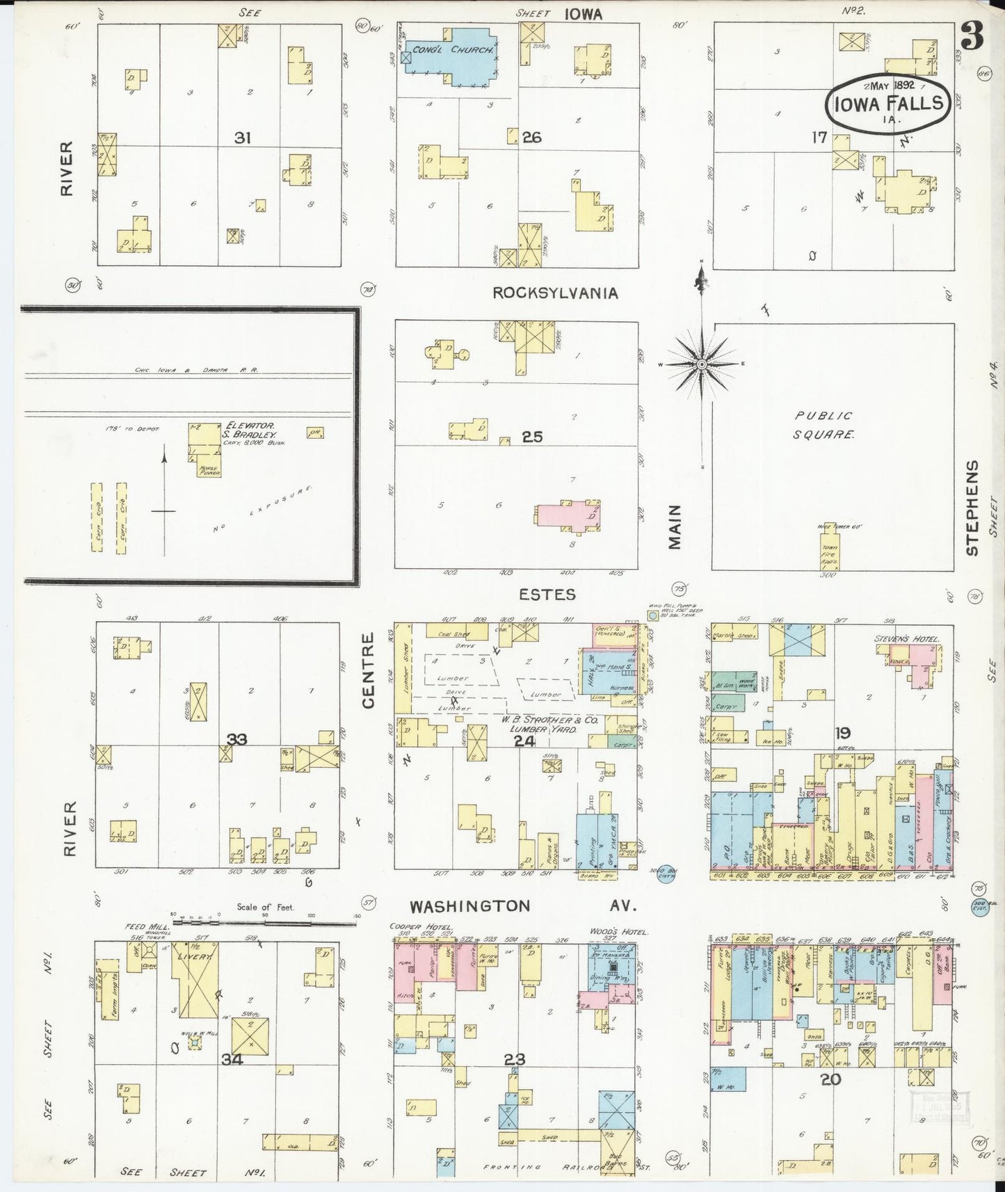 Sanborn Fire Insurance Map from Iowa Falls, Hardin County, Iowa (1892), Sheet #0003 - Historic Sanborn Fire Insurance Map Print, vintage old map wall art