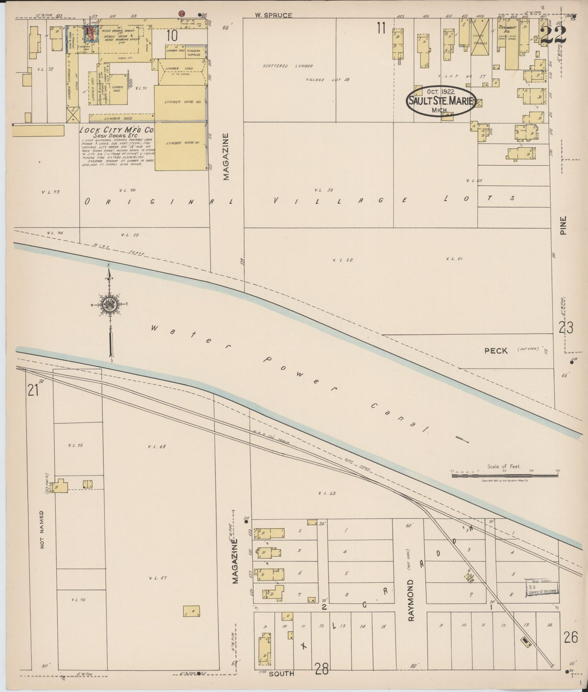 Sanborn Fire Insurance Map from Sault Sainte Marie, Chippewa County, Michigan (1922), Sheet #0022 - Historic Sanborn Fire Insurance Map Print, vintage old map wall art, antique decor, genealogy gift, Michigan Michigan map