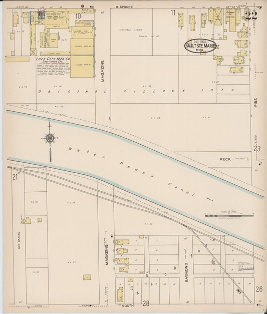 Sanborn Fire Insurance Map from Sault Sainte Marie, Chippewa County, Michigan (1922), Sheet #0022 - Historic Sanborn Fire Insurance Map Print, vintage old map wall art, antique decor, genealogy gift, Michigan Michigan map